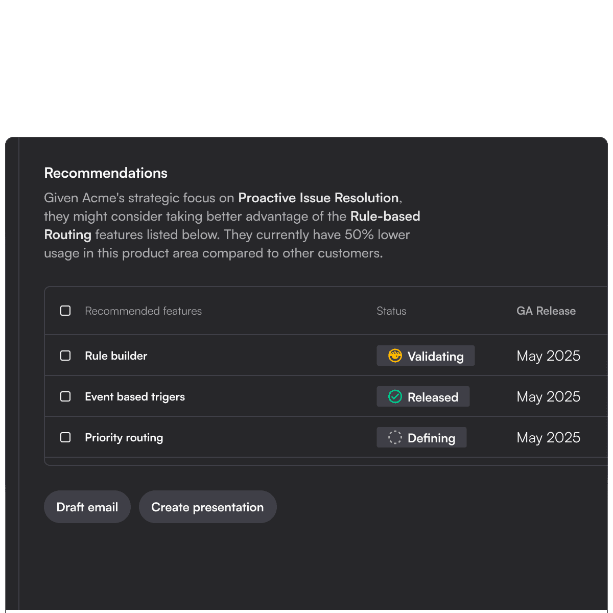 See recommended product features for each customer based on their strategic priorities