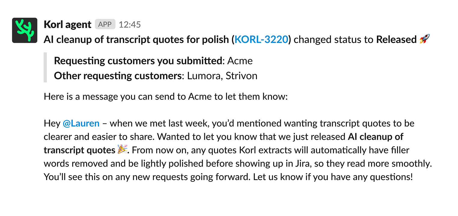 Korl drafting personalized messages for customers